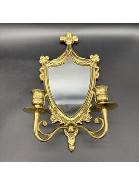 Vintage Brass Gold Metal Heavy Mirror Ornate Victorian Rococo 2 Arm Wall Sconce